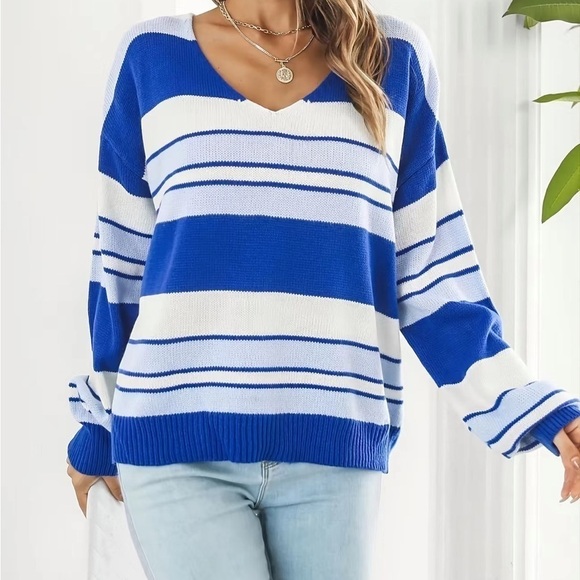 Womens Striped Pullover V Neck Sweater - Picture 3 of 13